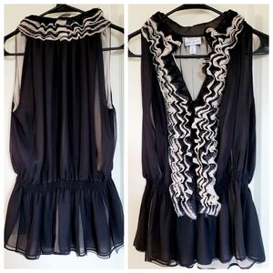 Neiman Marcus Fluffy Sleeveless Mesh Blouse, Small, Black and Tan